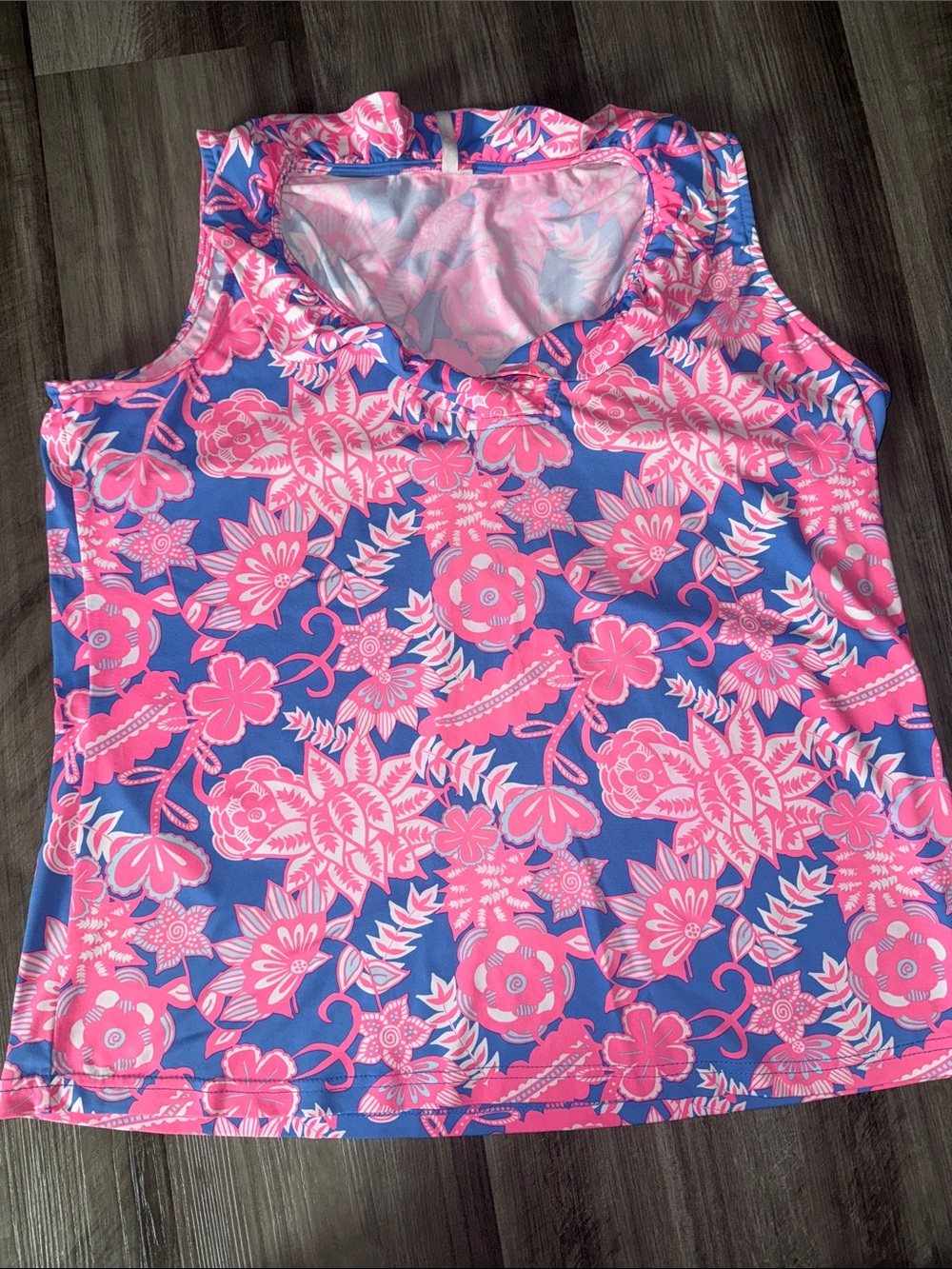 Lulu-B large women’s sleeveless top shirt pink blue ruffle neck resort wear